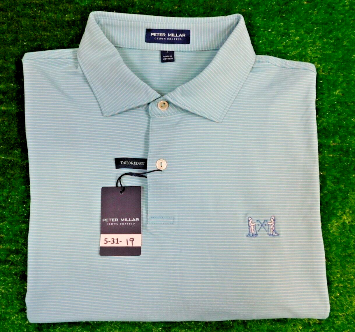 Peter Millar Men\'s Tailored Fit Stripe Golf Shirt w/NGLA Logo Large Green/White