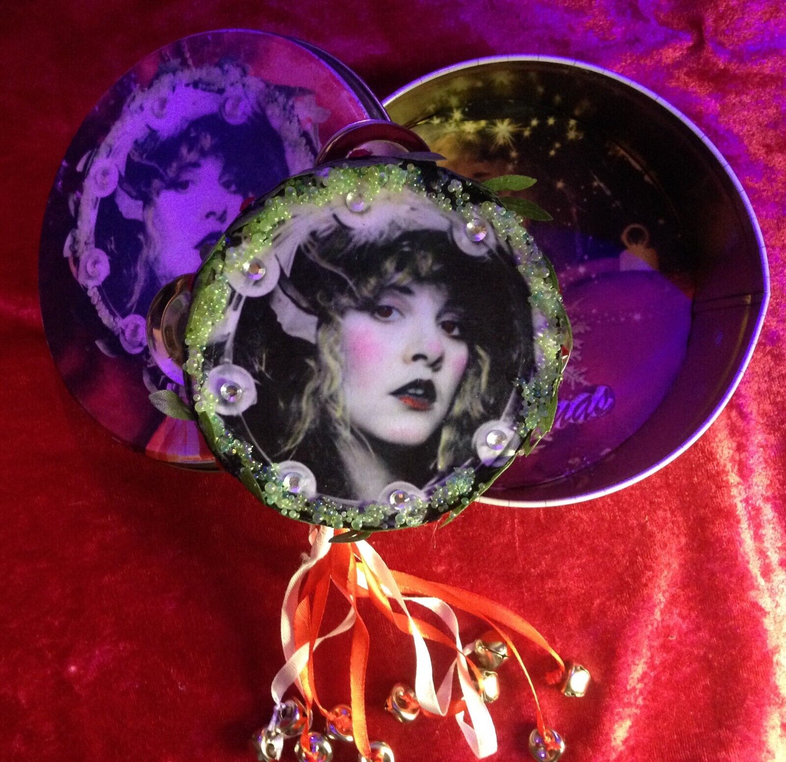 Custom Stevie Nicks Mini Red Christmas Tambourine Ormament In Storage Tin