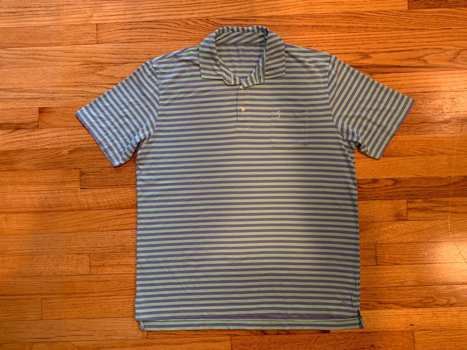 Peter Millar Seaside Wash Polo Shirt Large Green Blue Striped Short Sleeve Golf