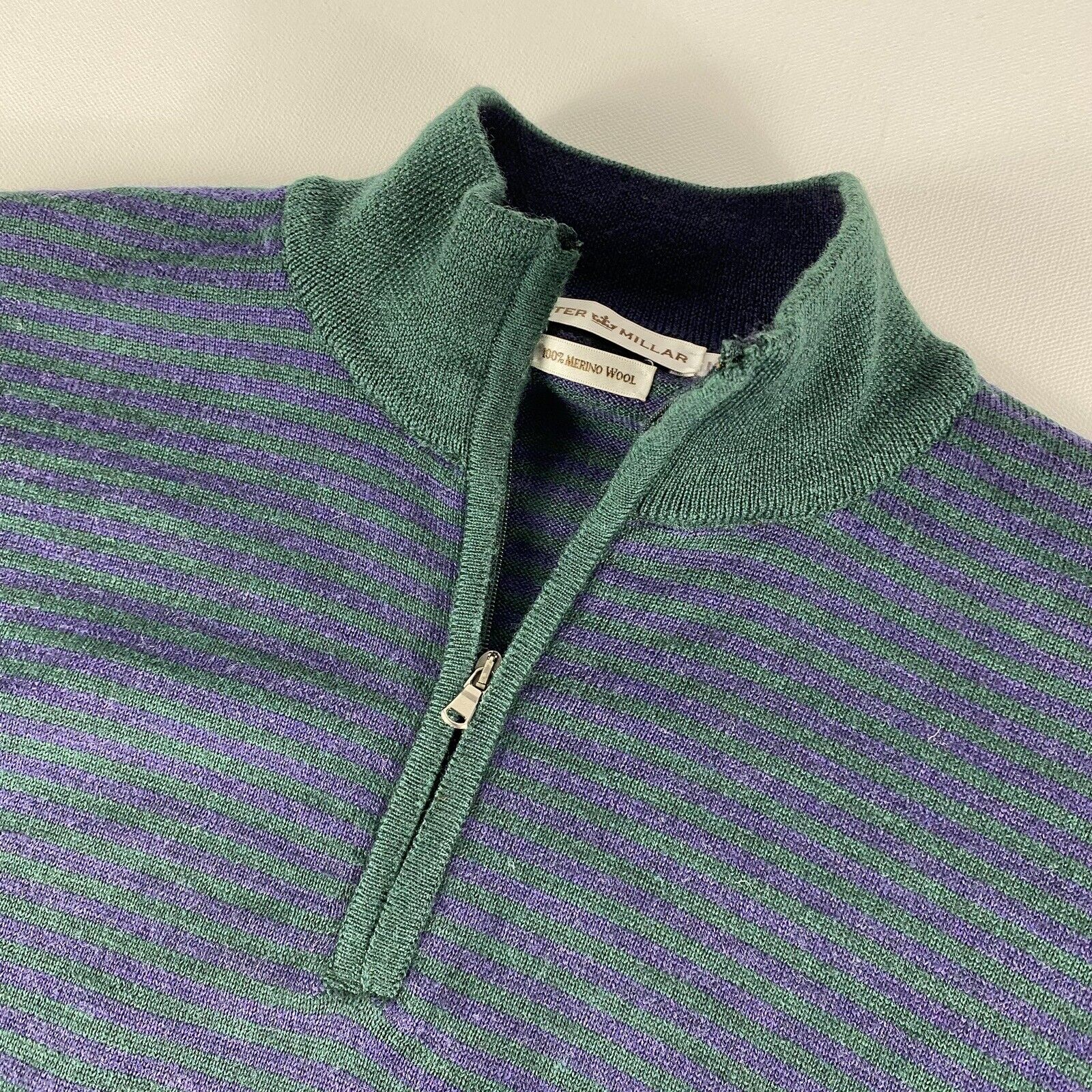 Peter Millar 1/4 Zip Sweater Adult Large Purple Green Striped Merino Wool Mens