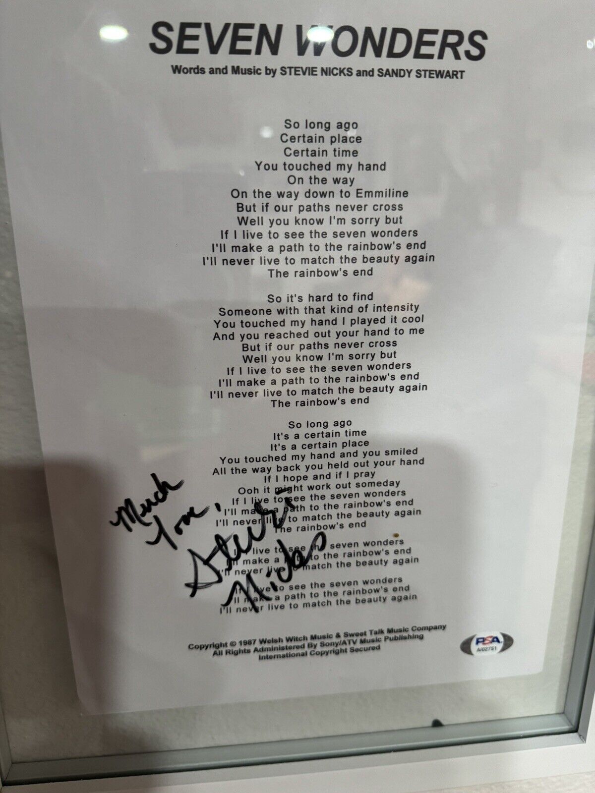 Stevie Nicks Signed Seven Wonders Lyrics PSA / DNA American Horror Story