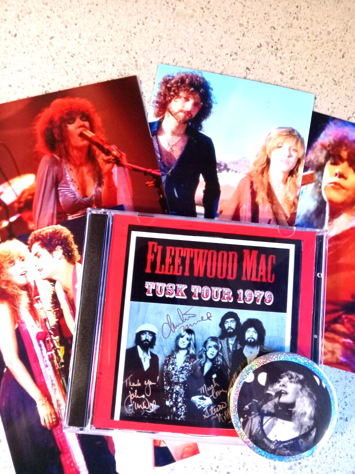 FLEETWOOD MAC Nicks vtg BUTTON / PIN & Photos + free Rare 2 CD 1979 Boston TUSK