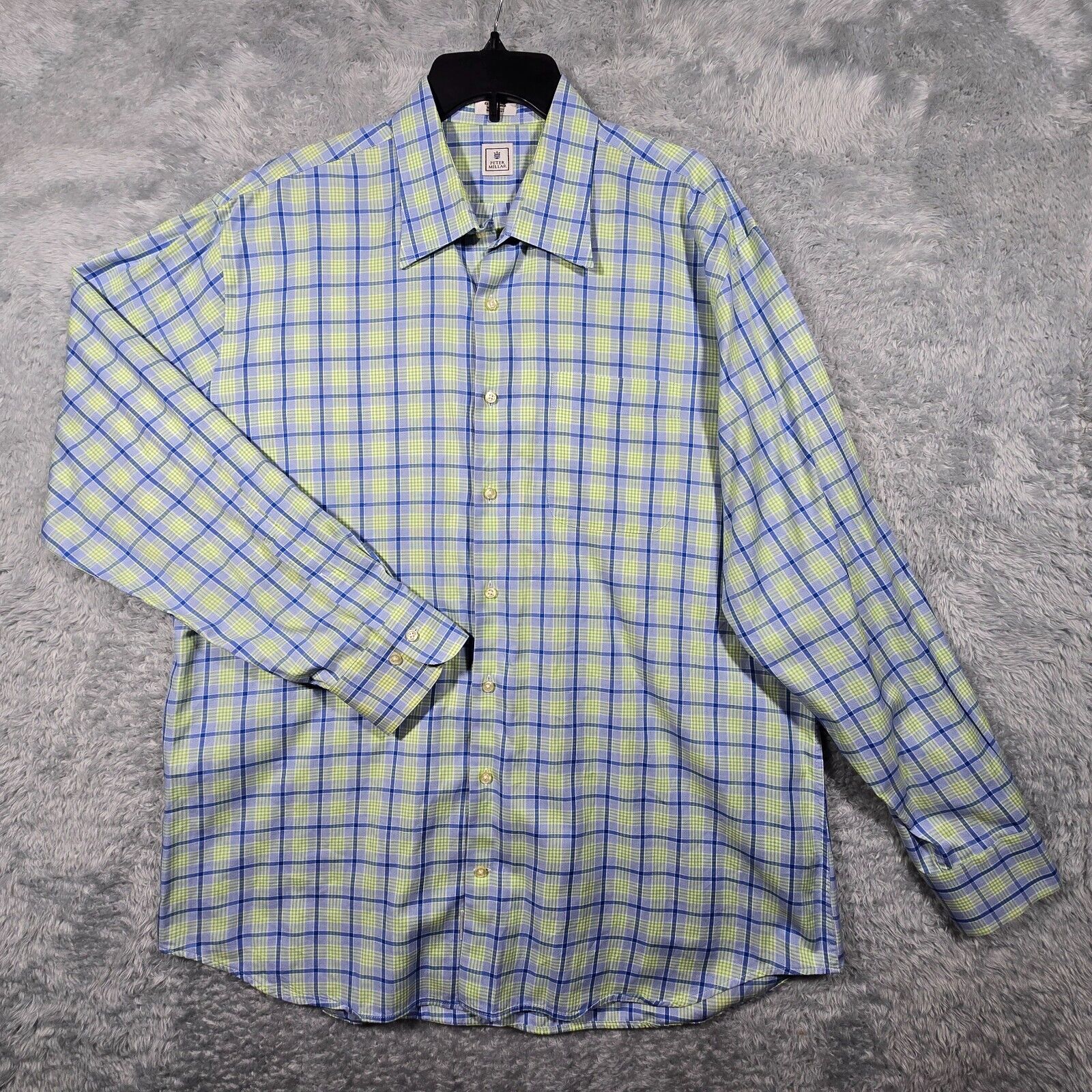 Peter Millar Crown Shirt Mens XL Blue Green Plaid Cotton Button Up Long Sleeve