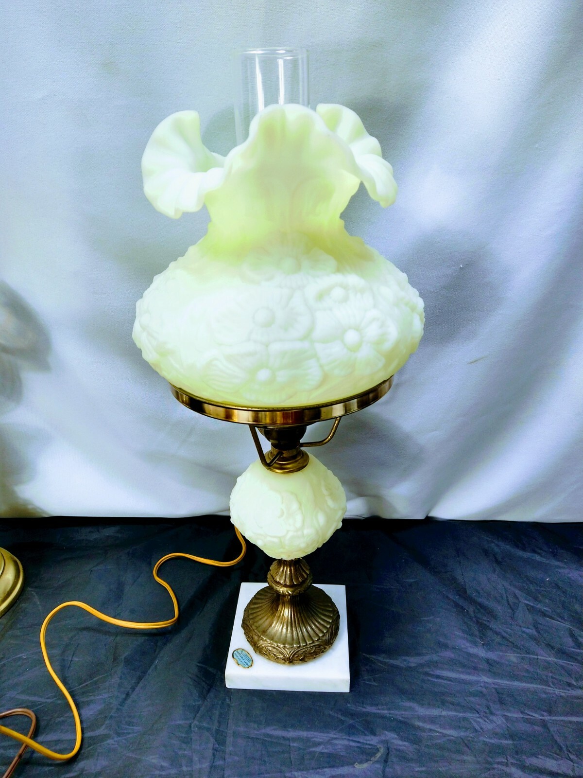 Fenton Custard Poppy Satin Glass Student Lamp Marble Base for Sale