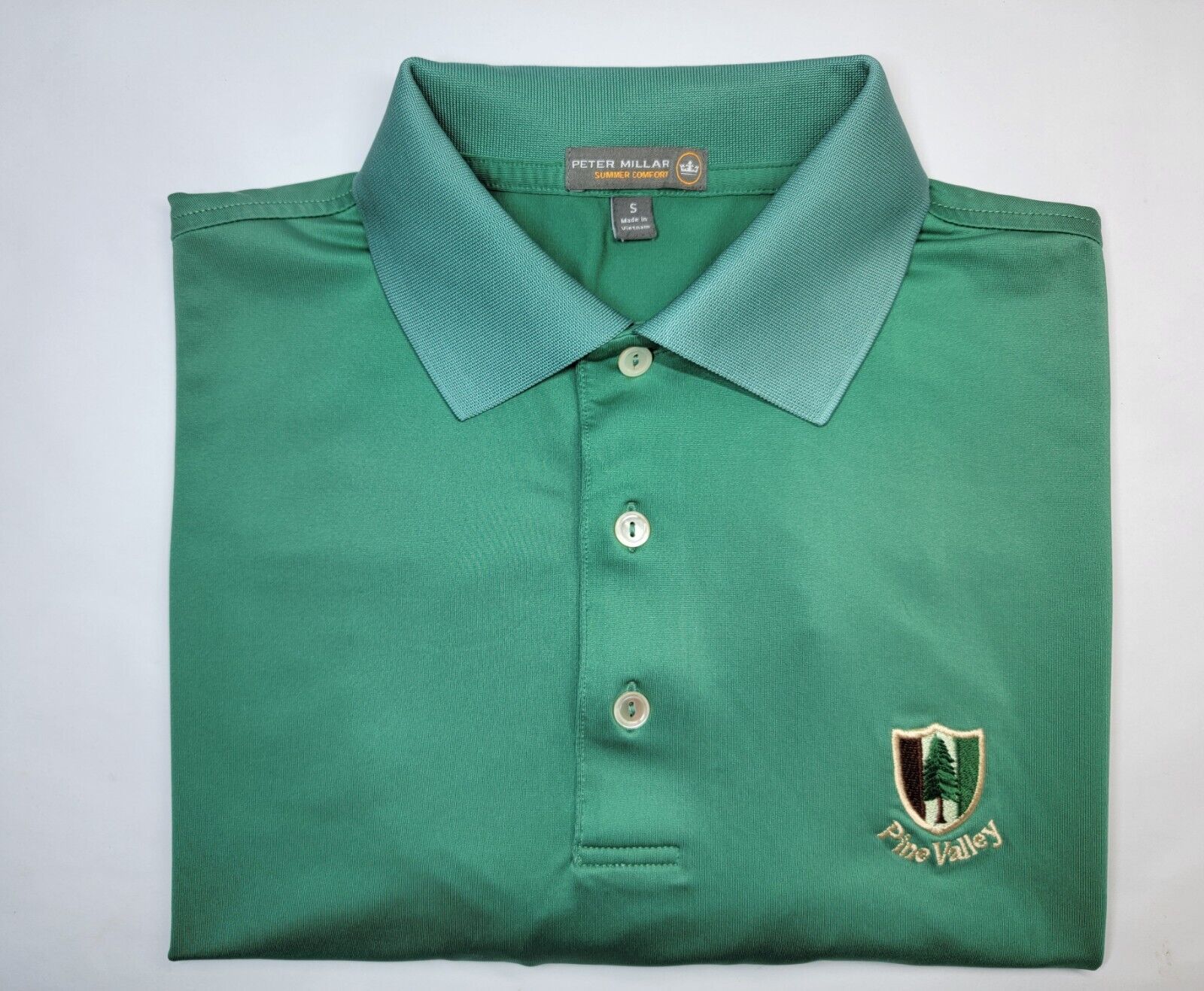 Men\'s S Peter Millar Summer Comfort Pine Valley Golf Club Solid Green Polo Shirt