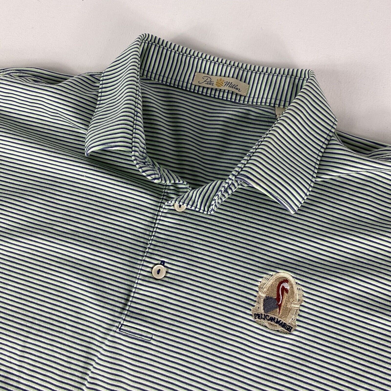 Peter Millar Polo Shirt Men’s XL Green Blue Striped Cotton Pelican Marsh Golf