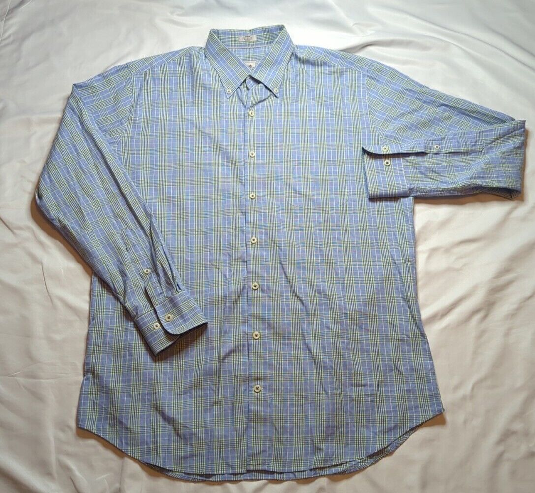 Peter Millar Shirt Mens Large Blue Green Long Sleeve Button Check Cotton 