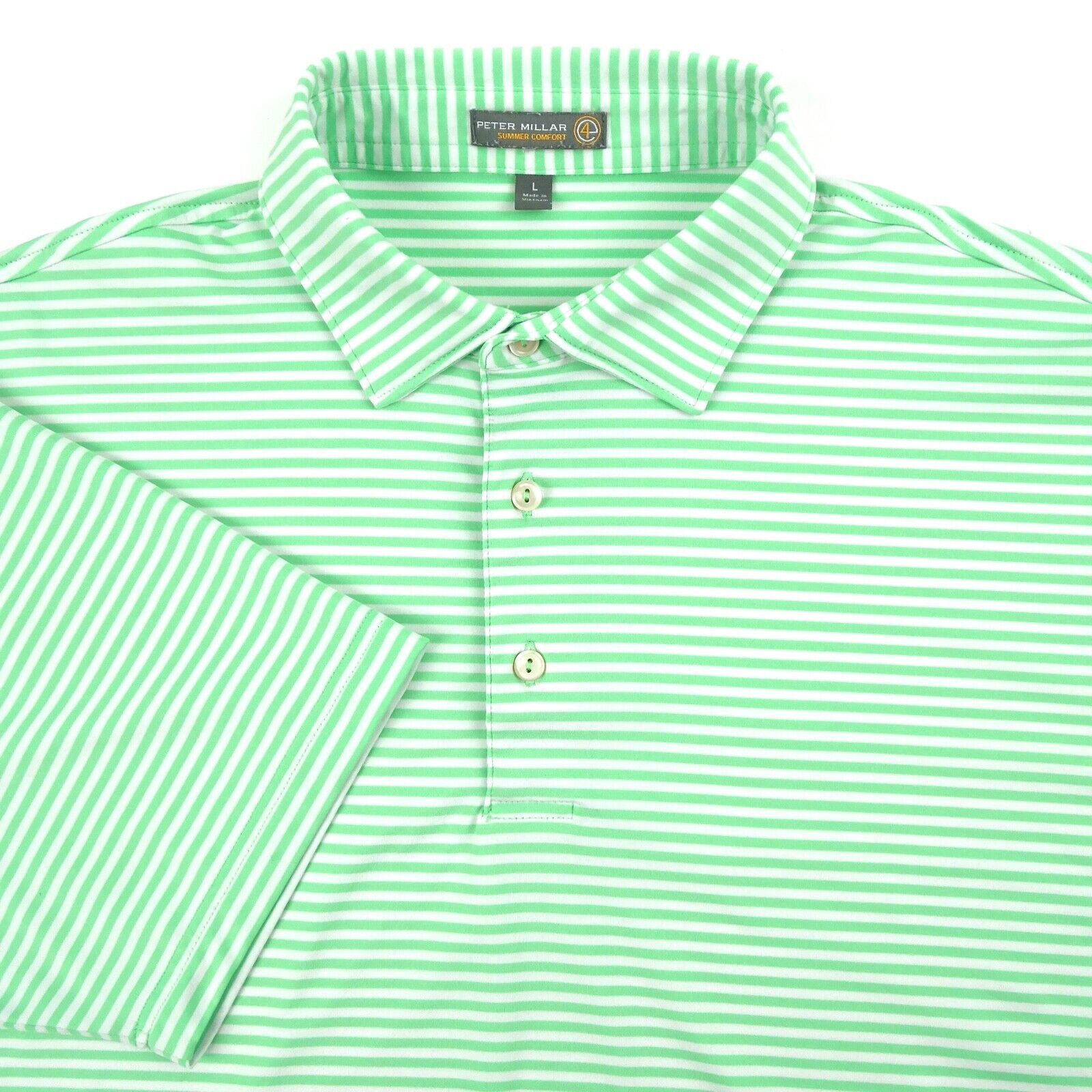 Peter Millar Summer Comfort Polo Shirt Men L Green Stripe Short Sleeve Polyester