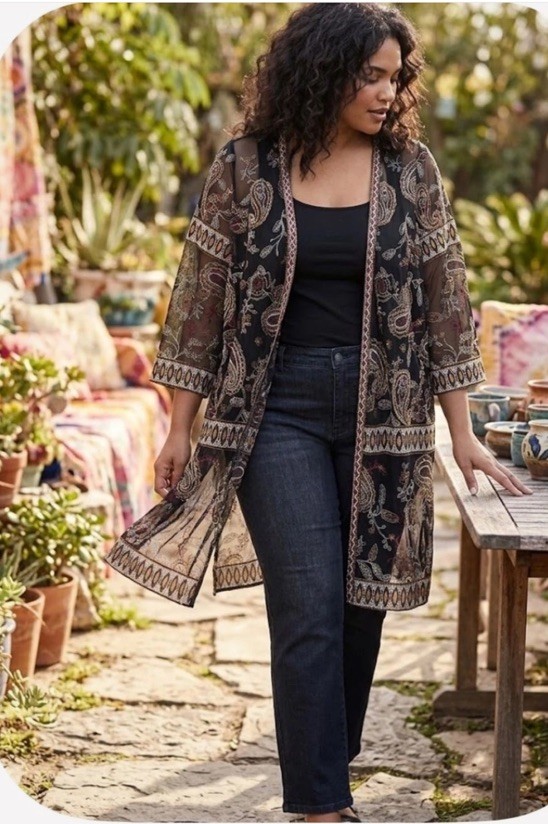 Catherines Sheer Open Topper 4X Black Embroidered Paisley Floral Cardigan Boho Catherines Sheer Open Topper 4X Black Embroidered Paisley Floral Cardigan Boho