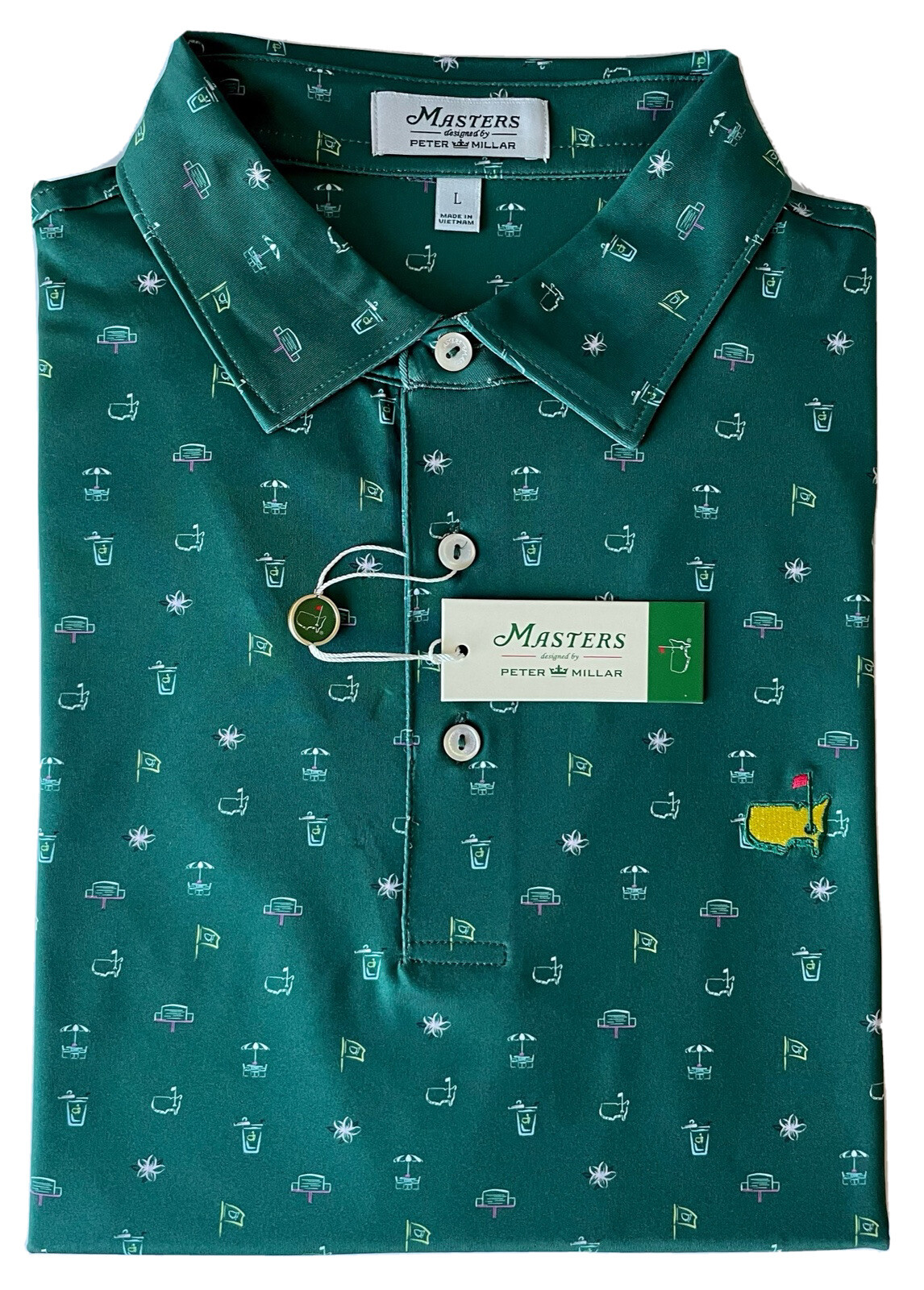 2023 Peter Millar Large Men\'s Golf Shirt Masters Icons Print Green