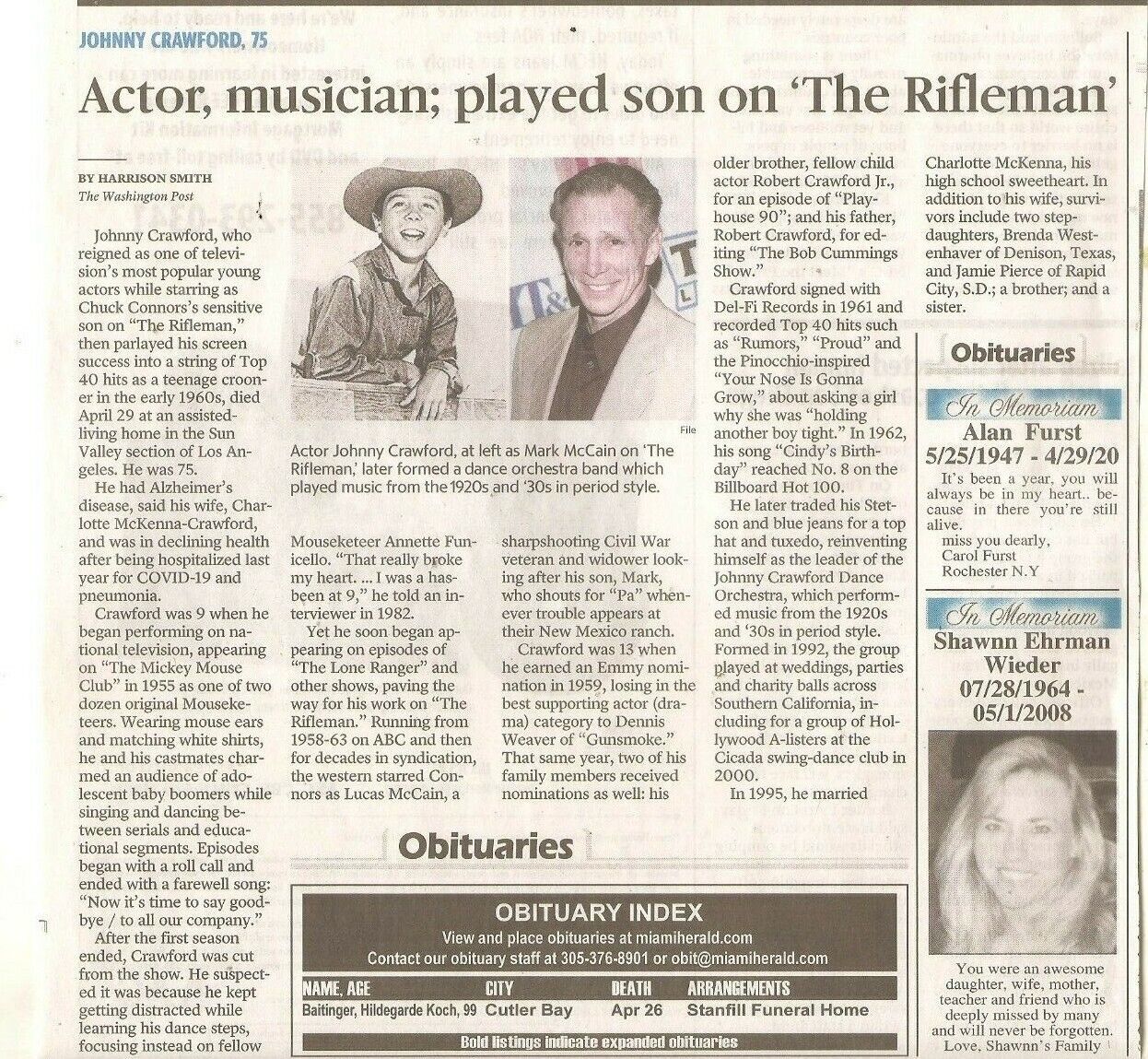 Johnny Crawford 75  Obituary The Miami Herald Actor TV Rifleman 1958