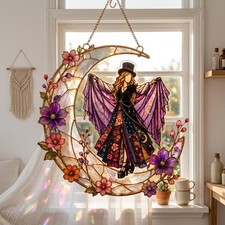Stevie Nicks Inspired Acrylic Suncatcher, Crescent Moon Floral Window Hanging picture